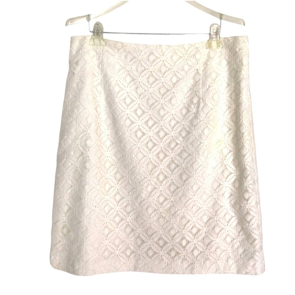 ANTONIO MELANI- WOMENS WHITE LINE LACE CROCHET ZIP-UP CLOSURE SKIRT SIZE 14